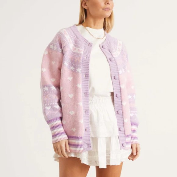 LoveShackFancy Amalo Pink & Purple Heart Boyfriend Cardigan Sweater - Picture 7 of 10